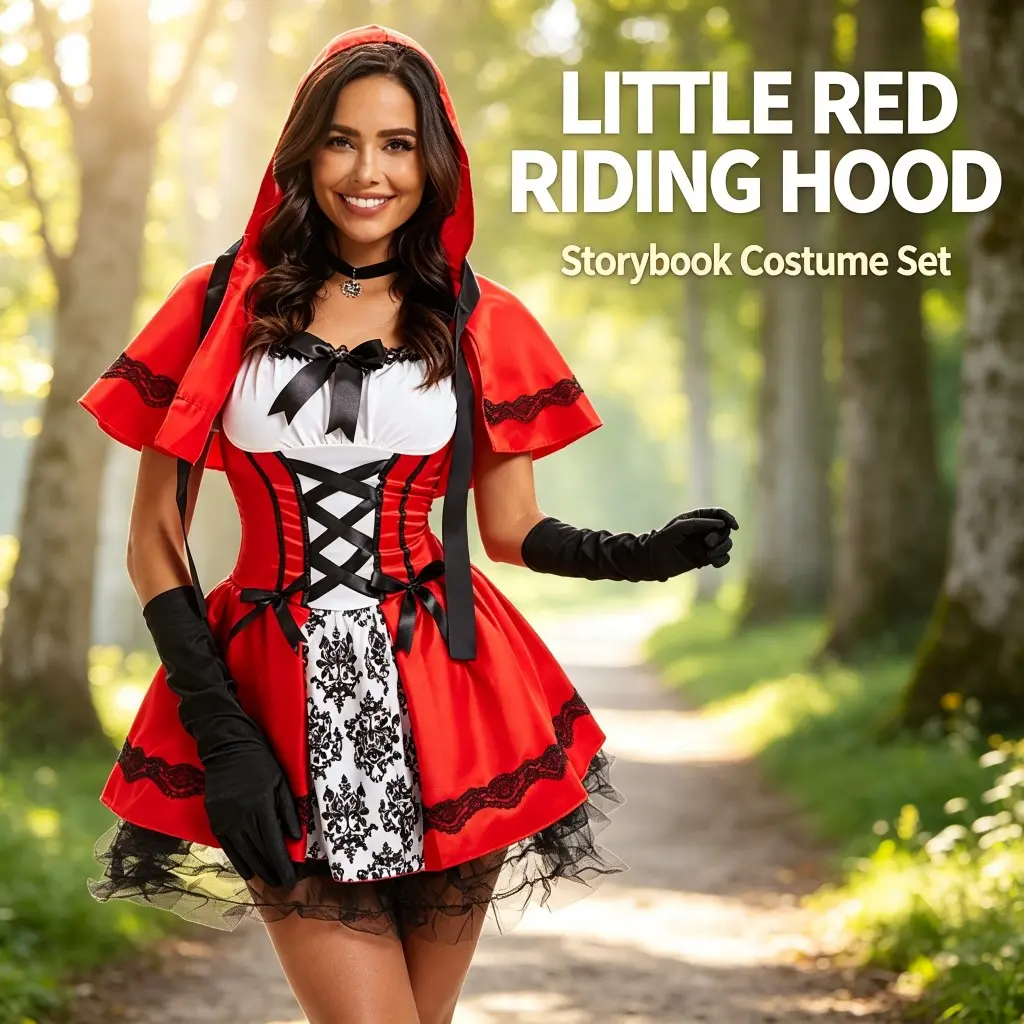 Women's Fairytale-Themed Costume Set - Short Flare Dress, Hooded Cape, Long Gloves for Halloween Party