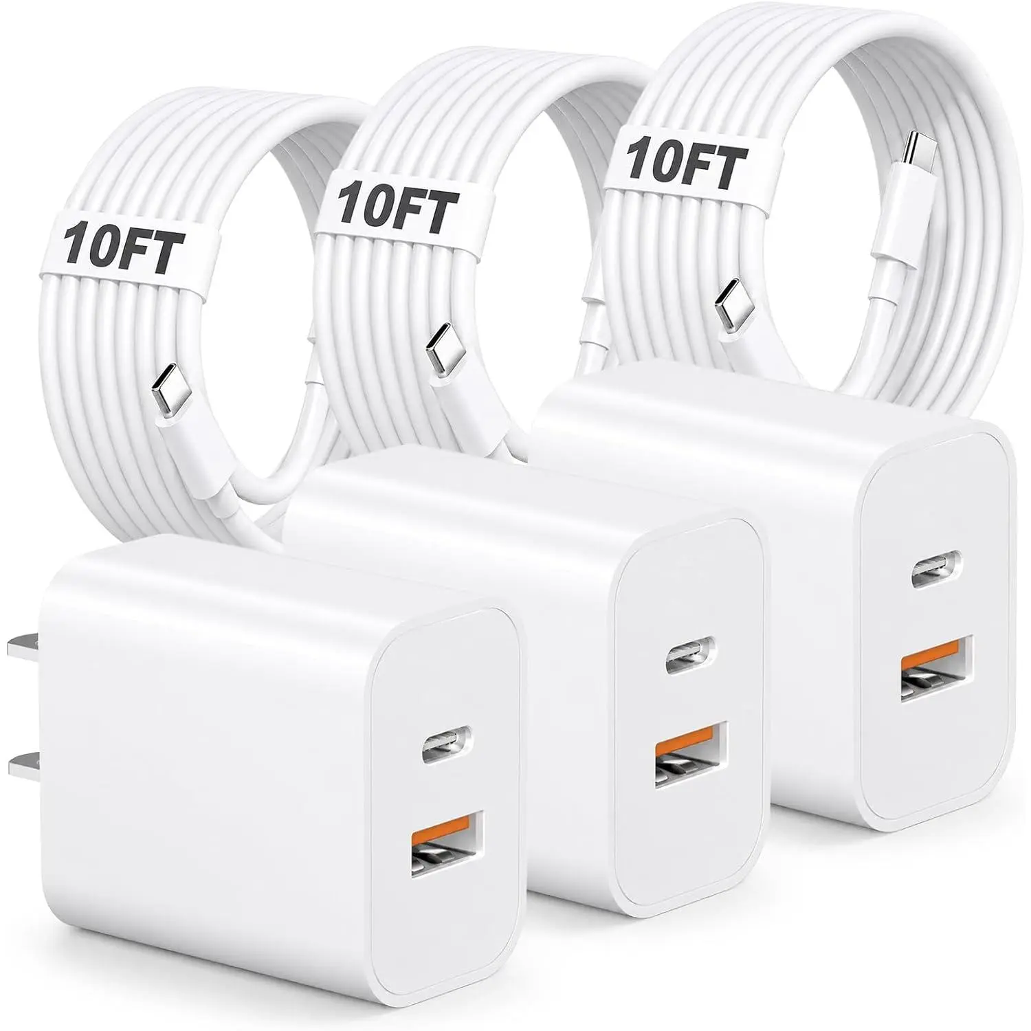 17 16 15 Charger   Type C Charger USB C Chargers White | Extra Long 10FT  with 20W A+C  Block 3Pack for for iPhones, iPads,Tablets, Android phones