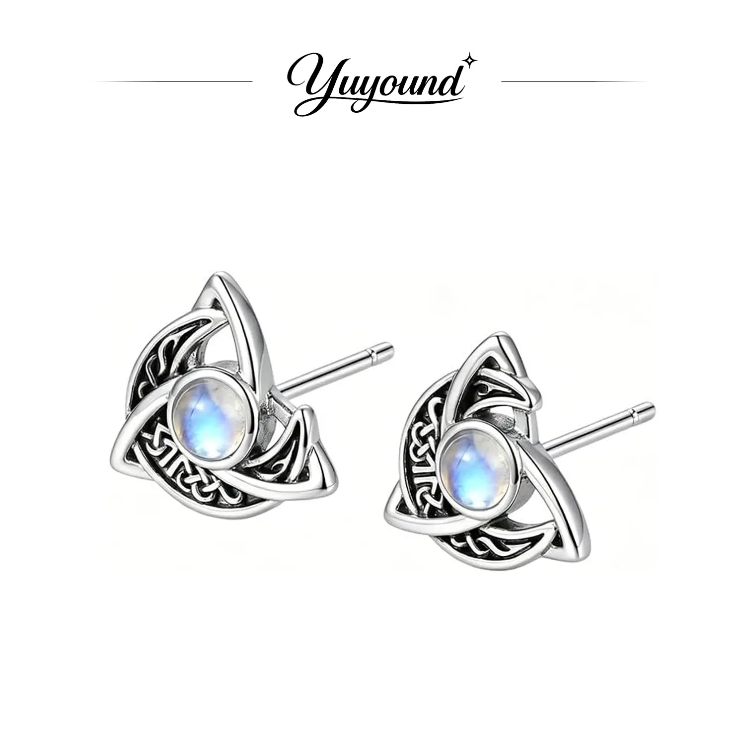Celtic Trinity Knot Moonstone Stud Earrings, Vintage Triquetra Style Ear Studs, Witchy Boho Jewelry Accessory, Gift for Women