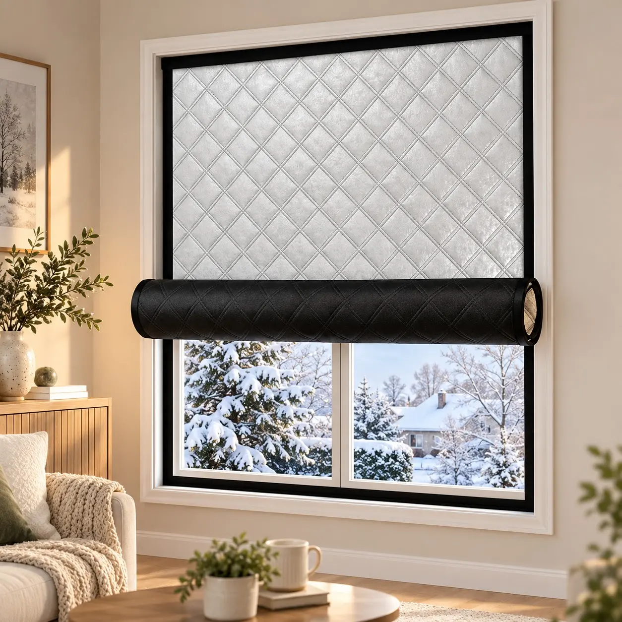 Thickened Winter Thermal Insulated Window Curtain, Self-Adhesive Blackout Curtain, Diamond Quilted Padded Design, Cold Draft Blocking, Heat Insulation, Noise Reduction, Roll-Up Storage, Suitable for Bedrooms, Living Rooms and Home Windows