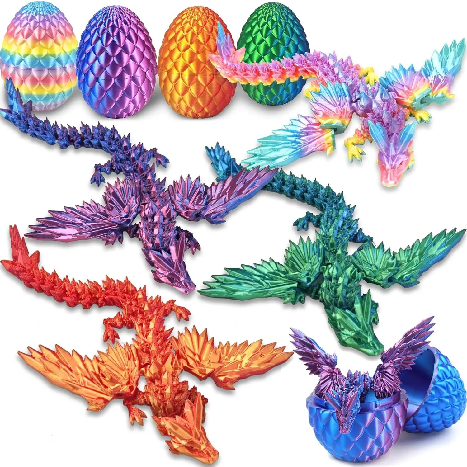 4PC 3D Printed Dragon Eggs with Wings for Teen Boys Fidget Classroom Treasure Box for Kids Goodie Bag Fillers Winged Dragon Dinosaur Eggs Toy Office Desk Decor for Adult Easter Basket Stuffers Giftsfidget toys