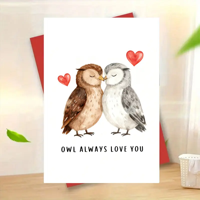 A romantic watercolor greeting card featuring cute owl couple illustrations with red hearts, blank inside, suitable for anniversaries, Valentine's Day, or as a love letter to a partner, Card Design