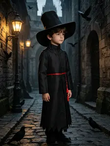 Boy's Wizard Costume Set, Fitted Long Robe with Stand Collar, Wide Brim Hat, Dark Style Festival, Halloween Dress-Up