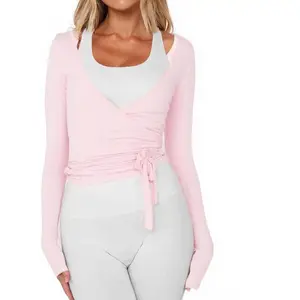 Women Wrap Tie Top Y2k Long SLeeve Ballet Workout Yoga Shirt Coquette BlousesGift.