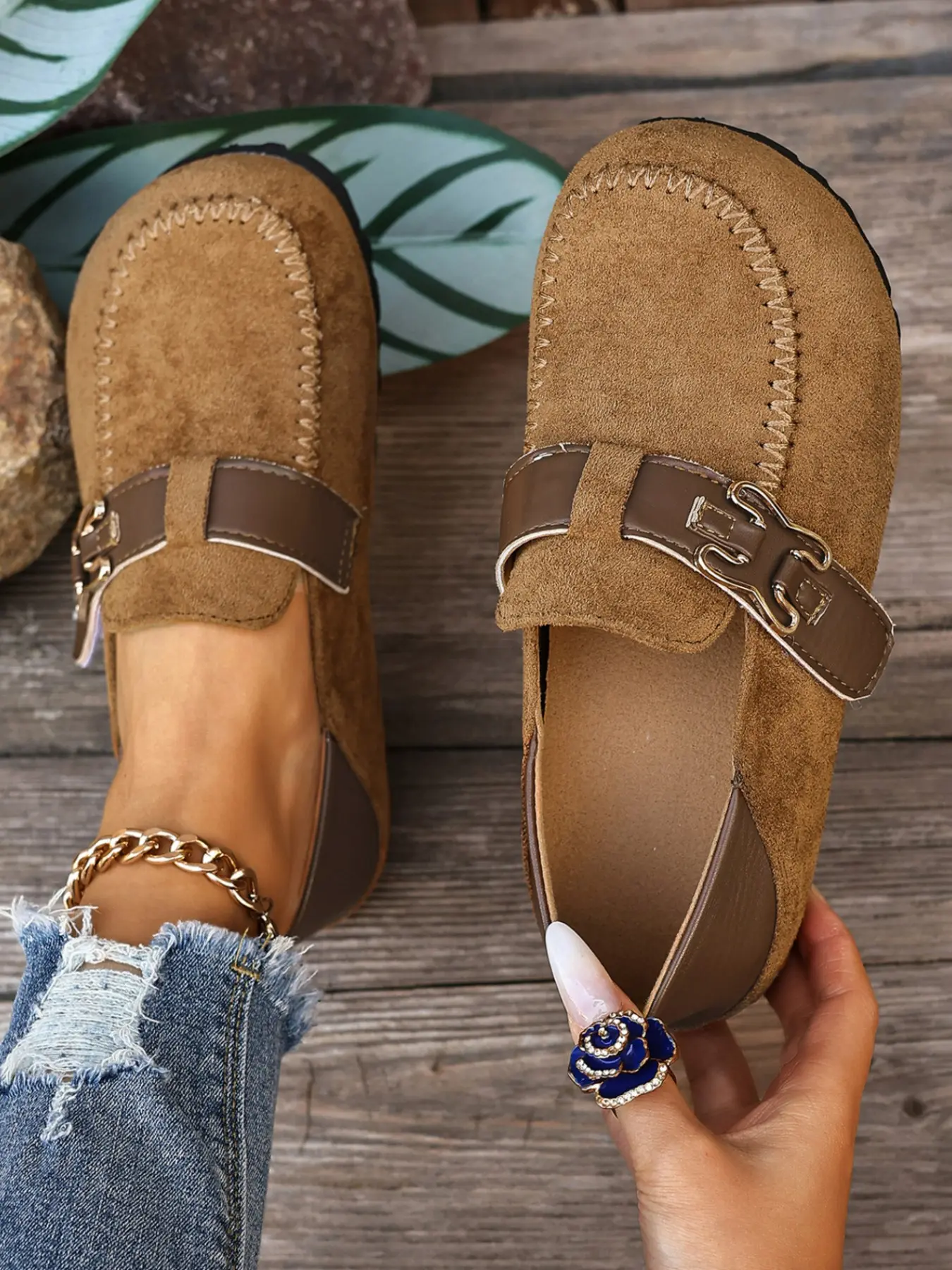 American Vintage Casual Linen Mules, Adjustable Buckle, Comfortable Flat Shoes, Lightweight Anti-Slip, Spring & Fall Fashion