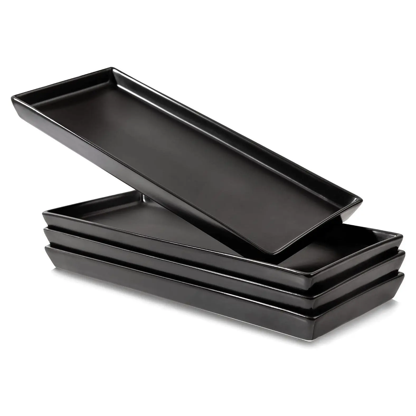 Matte Black Ceramic Serving Platters 14 x 6 Inch Rectangle Plates Serving Dishes for Entertaining Food Appetizers Desserts Cheese Board Charcuterie Sushi Set of 4 Party TraysGift