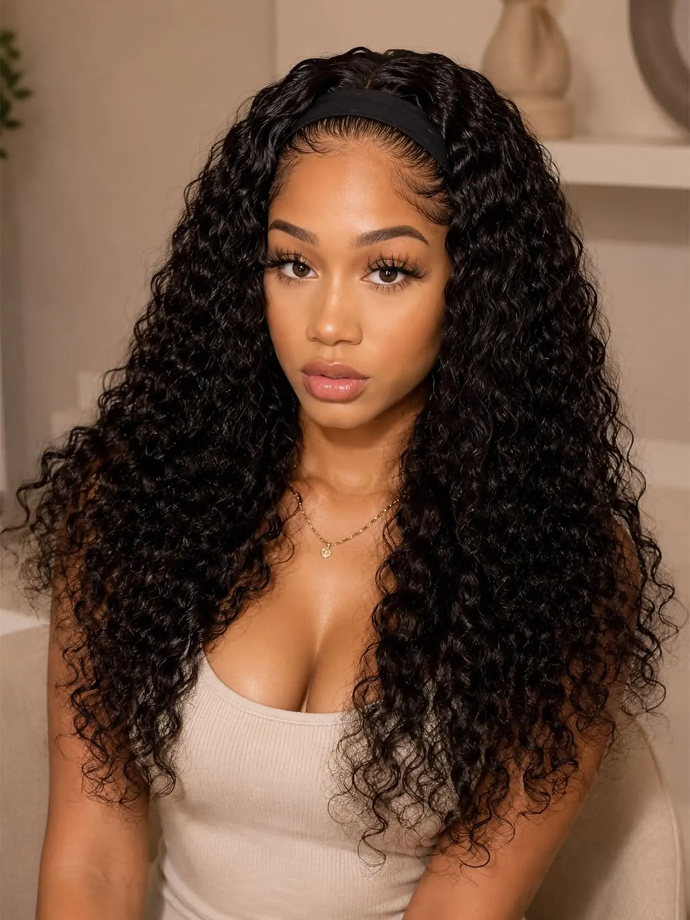 Headband Wig Synthetic Hair Deep Wave Curly Headband Glueless None Lace Front Wigs for Black Women Machine Made 200% Density Natural Color