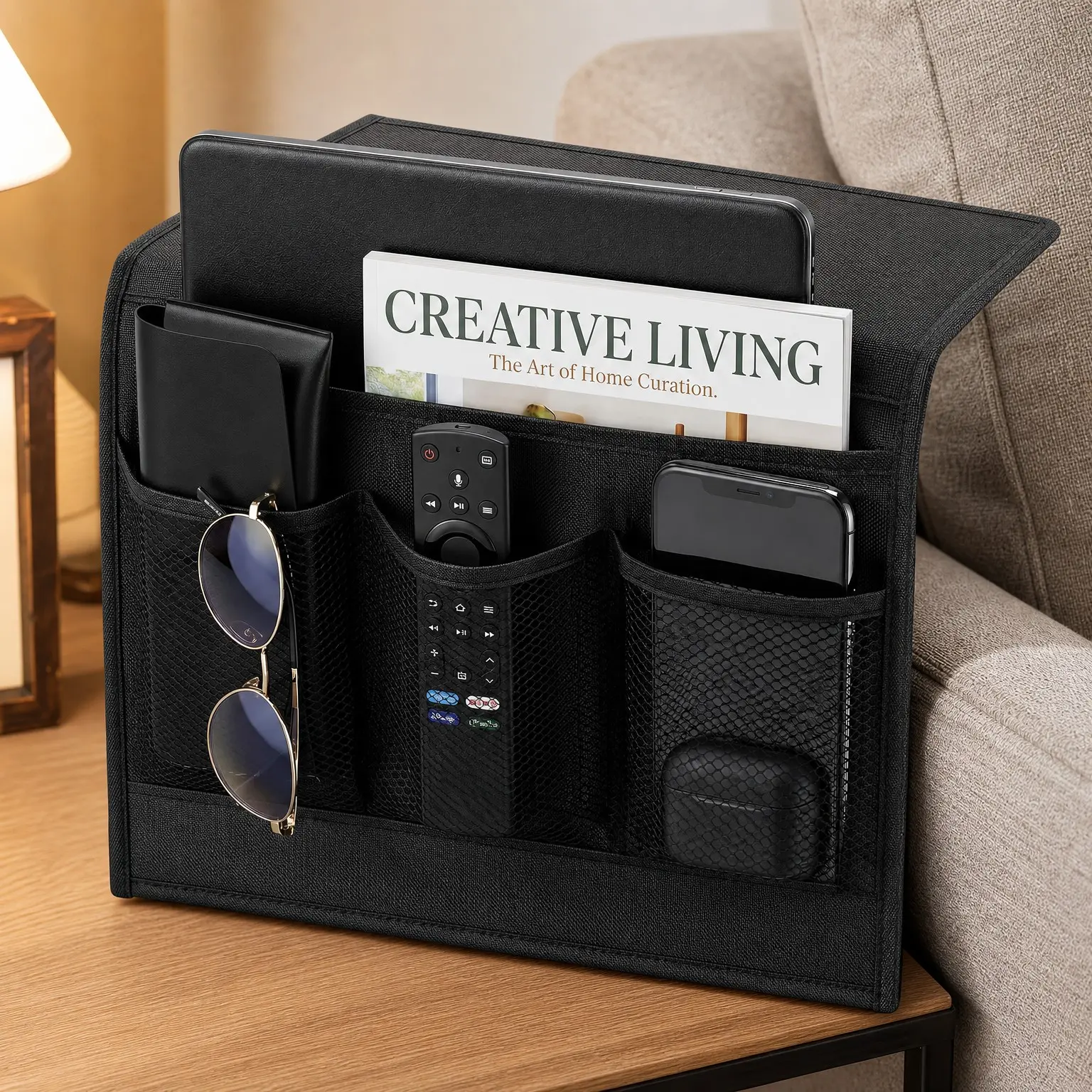 Bedside Caddy Remote Holder Storage Organizer with Pockets for Bed, Sofa, Phones, Magazines, Tablets and Accessories, BlackGift