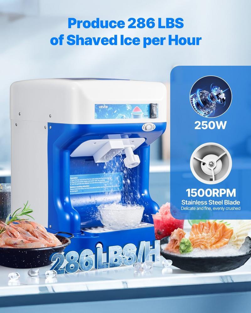 VEVOR Commercial Ice Shaver Crusher, 286lbs Per Hour Electric Snow Cone Maker with 2L Ice Cube Box, 250W 1500RPM Tabletop Shaved Ice Machine for Parties Events Snack Bar, Home and Commercial Use (Blue)
