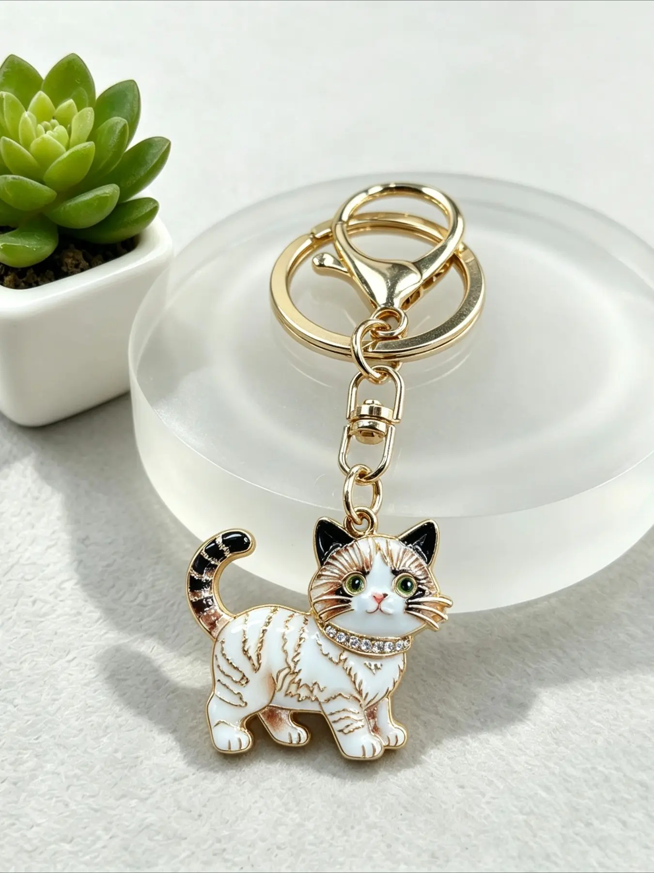 Enamel Cute Fluffy Kitten Keychain, Rhinestone Collar White Tabby Cat Animal Pendant Key Ring for Car Keys Backpack Purse, Lovely Gift
