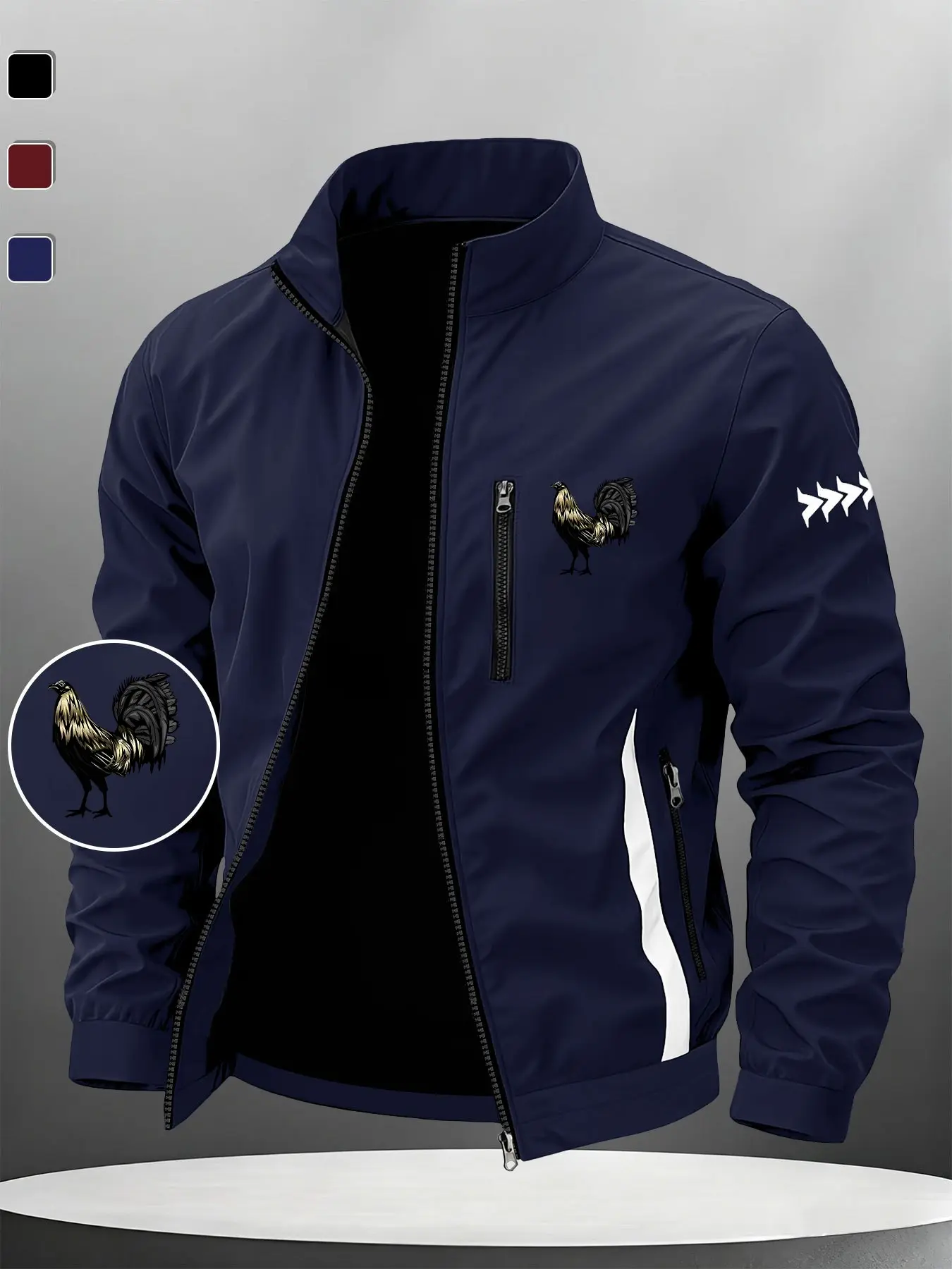 Vintage Rooster American Illustration Animal Print Men's Patchwork Jacket, Stylish Zipper Design, Essential for Outdoor Sports