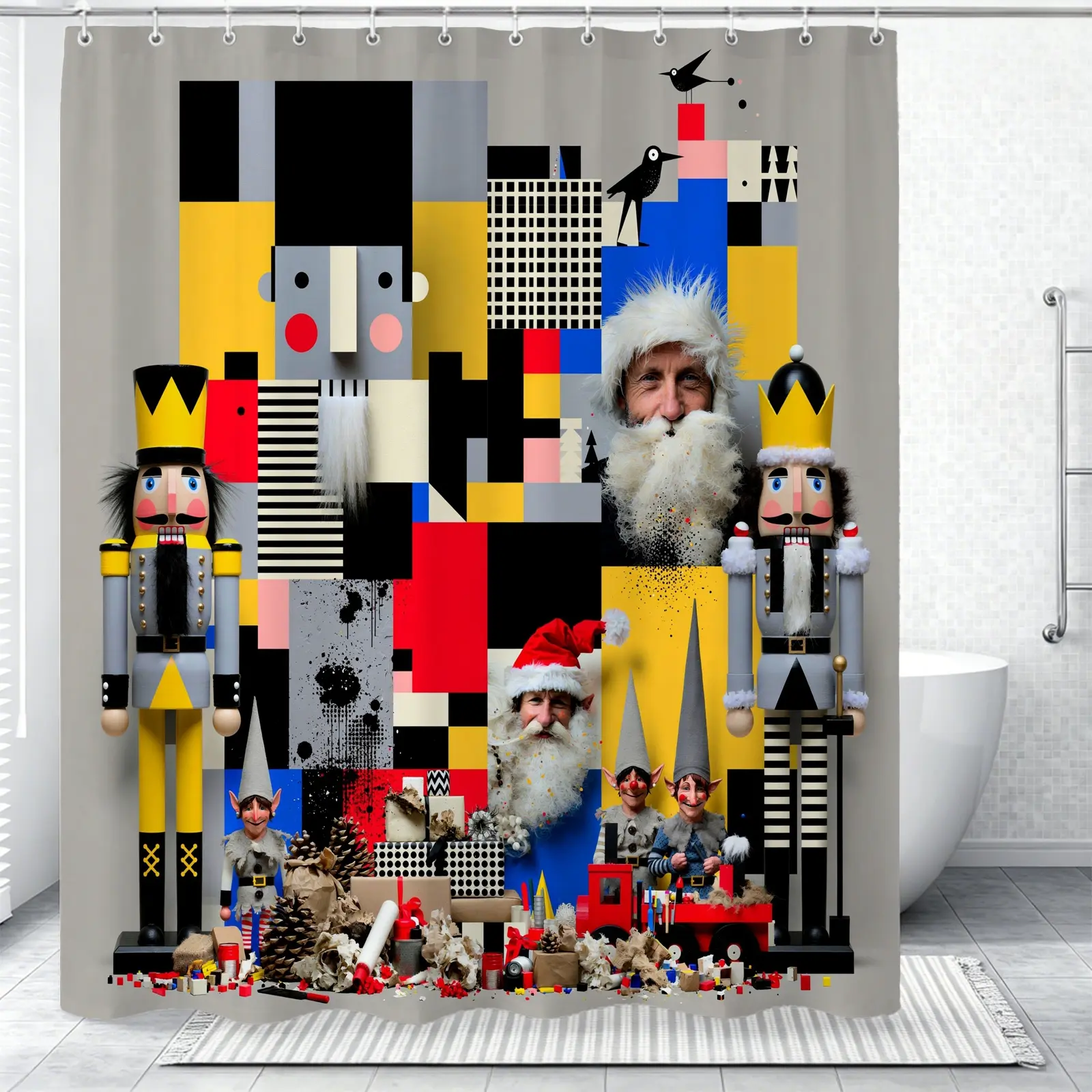 Christmas Nutcracker Geometric Art Shower Curtain, Waterproof Fabric, Easy to Install, Perfect for Home, Hotel, Dorm Bathroom Decoration, Vintage Decorative Bathroom Accessory