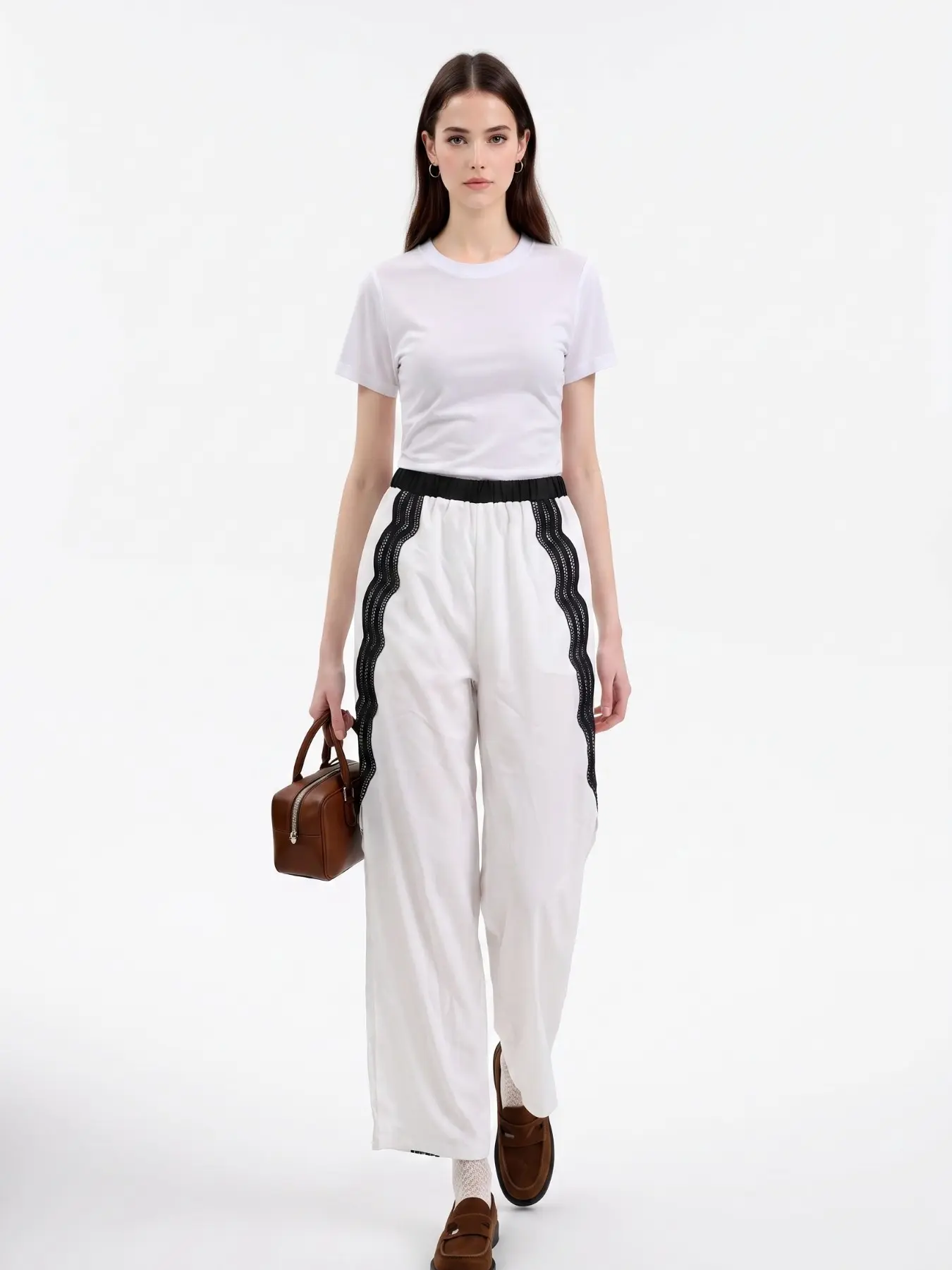 Women's Summer Wide Leg Pants, Lace Hollow Out Striped, Ice Silk Flowy Elastic Waist, Side Split Slimming Casual Office Wear