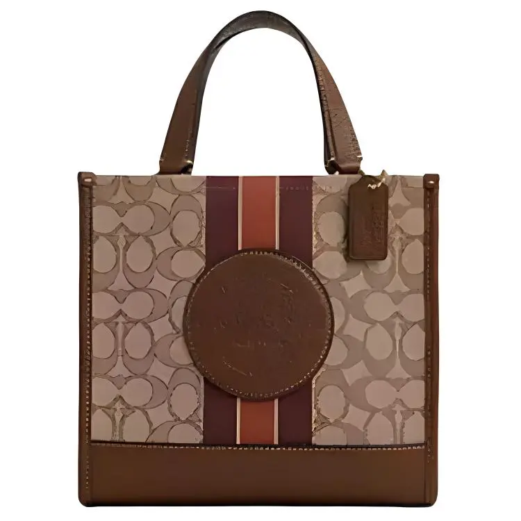 COACH Dempsey 22 Monogram Stripe Logo-Accented Fabric and Leather Tote Bag for Women, Small, Brown