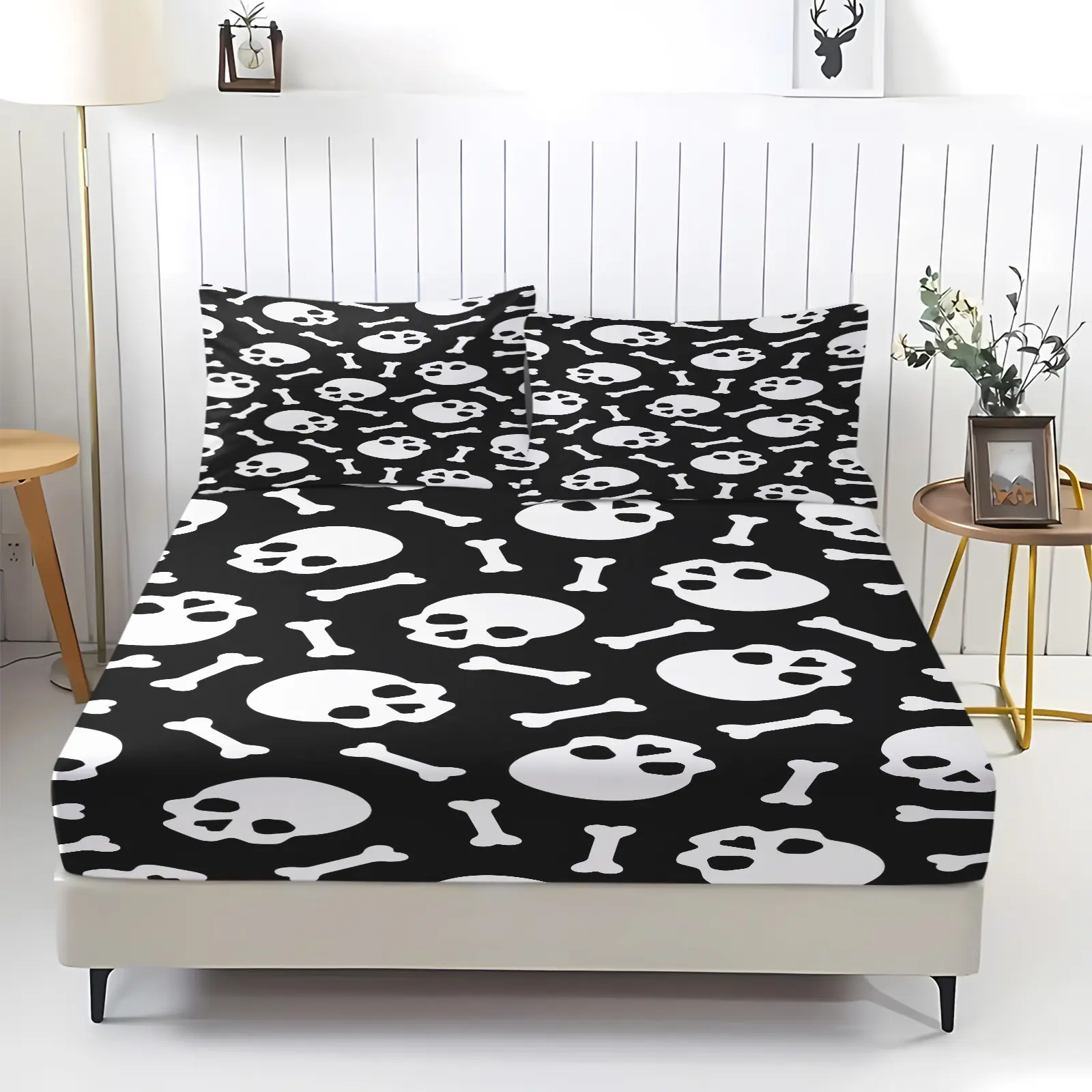 Classic Skull Bone Silhouette Dark Graphic 3 Piece Set, Fitted Sheet Set, Modern Bedding Set, Wrap‑Around Fitted Bed Sheet, High‑Definition Digital Printing, No Filling for Dorm, Guest Room