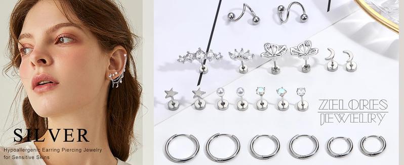 11Pairs 20G Stainless Steel Cartilage Earrings Set - Flatback Star Moon Butterfly CZ Studs Huggie Hoops Chain Dangles for Women Men Helix Tragus Piercing