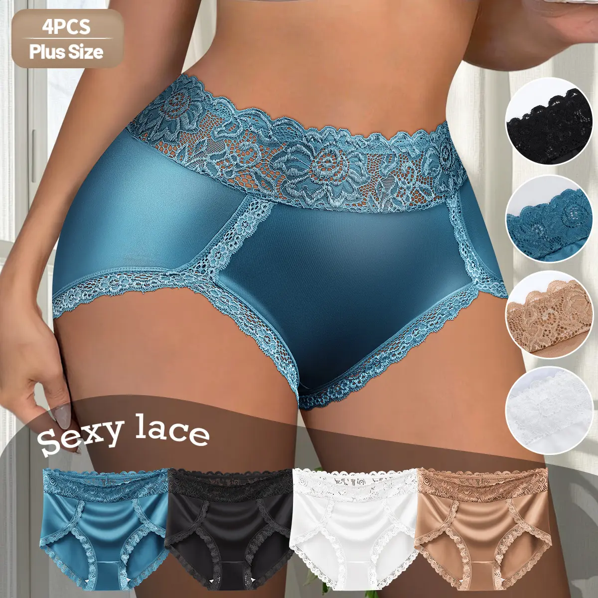 QUASTI Women's 4-Pack 4-Colors Elegant High Waist Lace Plus Size Panties, Ultra Thin Comfortable Elastic Polyamide Elastane Fabric Soft Stretch Breathable Underwear for Curvy Women, 2XL-5XL Summer Everyday Briefs