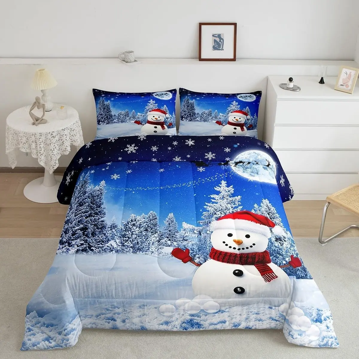 Christmas Comfort Quilt Set, Reindeer & Snowman Decor, Kids Bedding Set for Boys & Girls, 3-Piece Set, Blue Quilt Room, All Sizes
