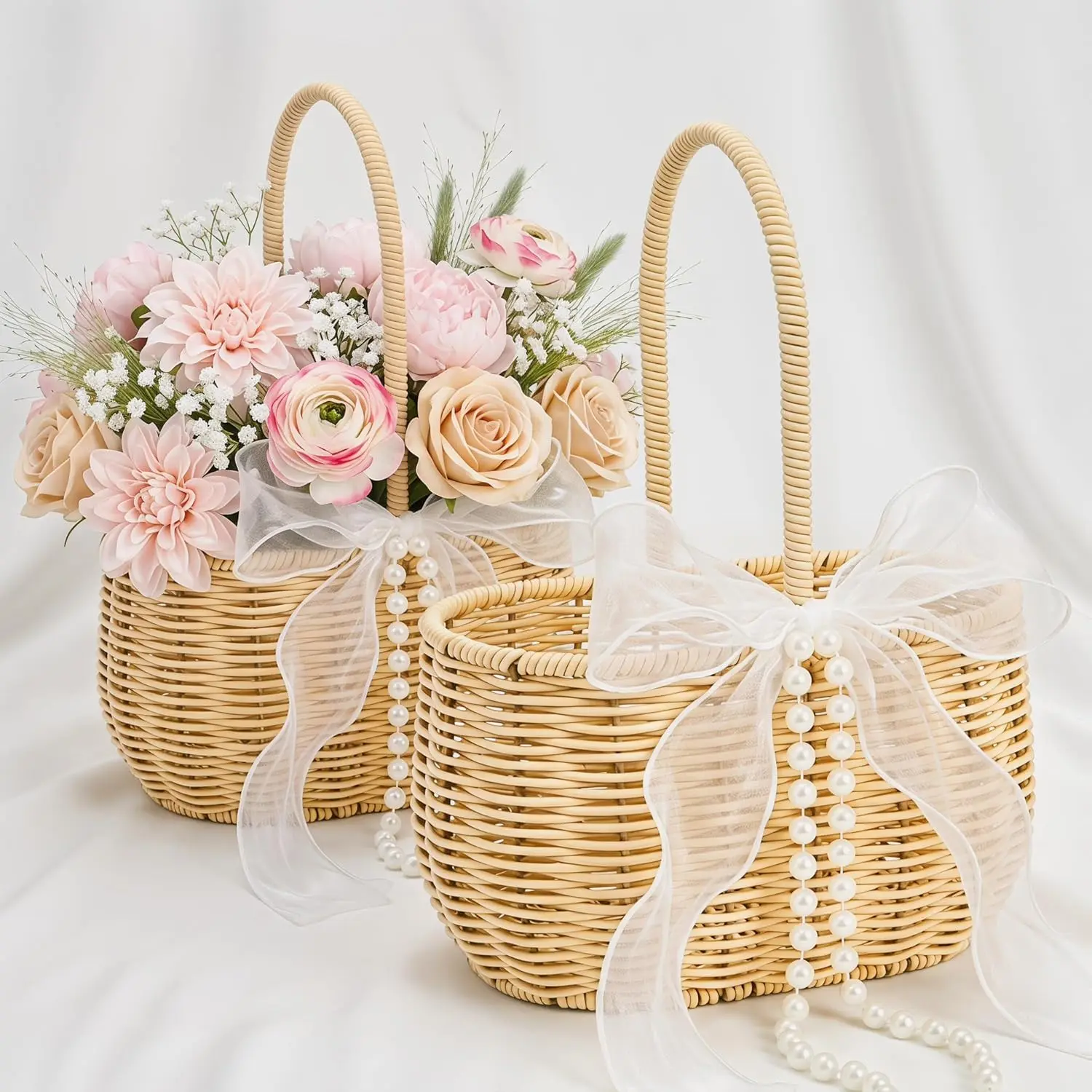 Goaste 2 Pack Flower Girl Baskets, Hand Woven Wicker Rattan Basket, Rustic Wedding Flower Basket with Pearl Decor & Sheer Ribbon Bow for Bridal Shower, Home Decor, Picnic, Easter & Gift Storage