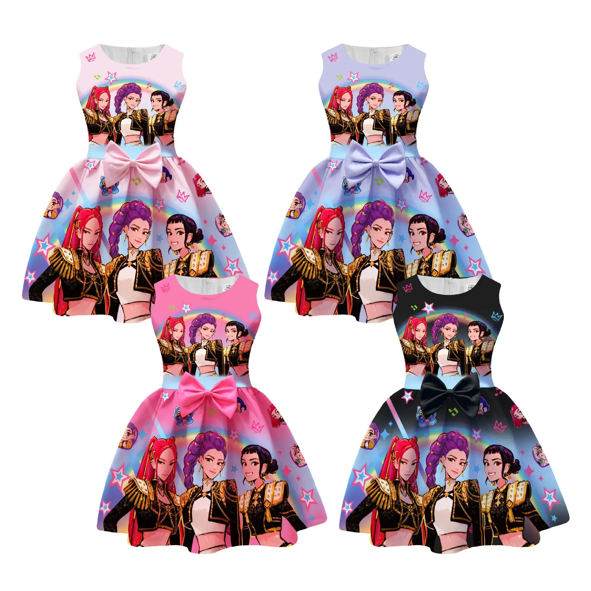New Girls Flounce Sleeve Printed Dress with Bow Decor, Kids Stage Singing & Dancing Performance Gown