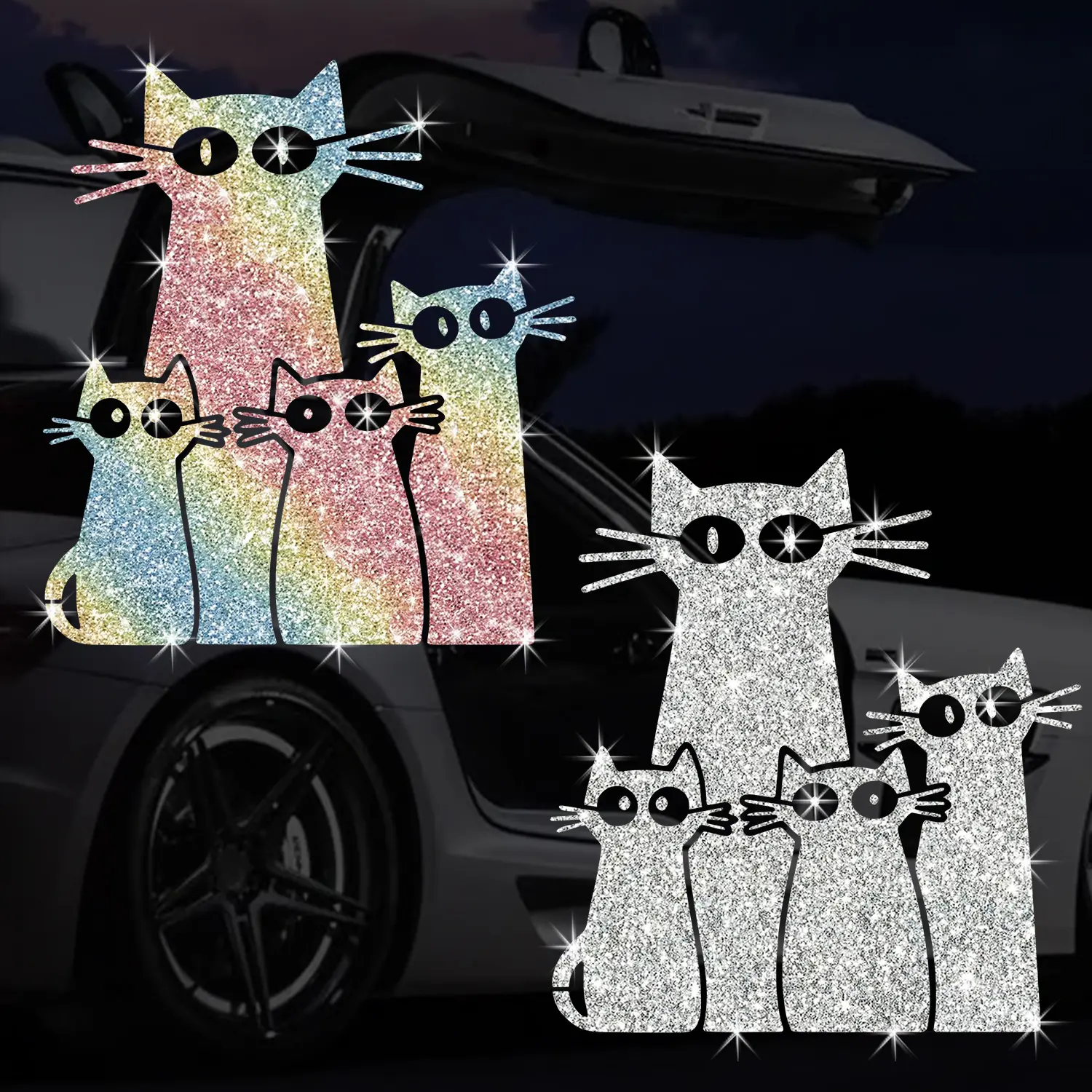 Car Decal with Cute Cat Family Design, Shining Rainbow Nylon & Bling Rhinestones, Water-Resistant Self-Adhesive Animal Decor, Animals, Decorative, Rainbow Shine, Vehicle Decor, Stick-On