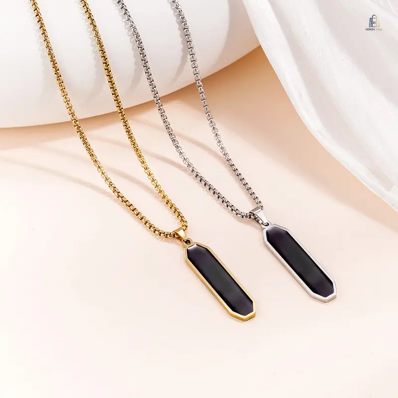 Minimalist Geometric Shape Necklace - Titanium Steel Long Bar Pendant with Black Enamel, Personalizable Gift for Daily Streetwear & Holiday Gifting