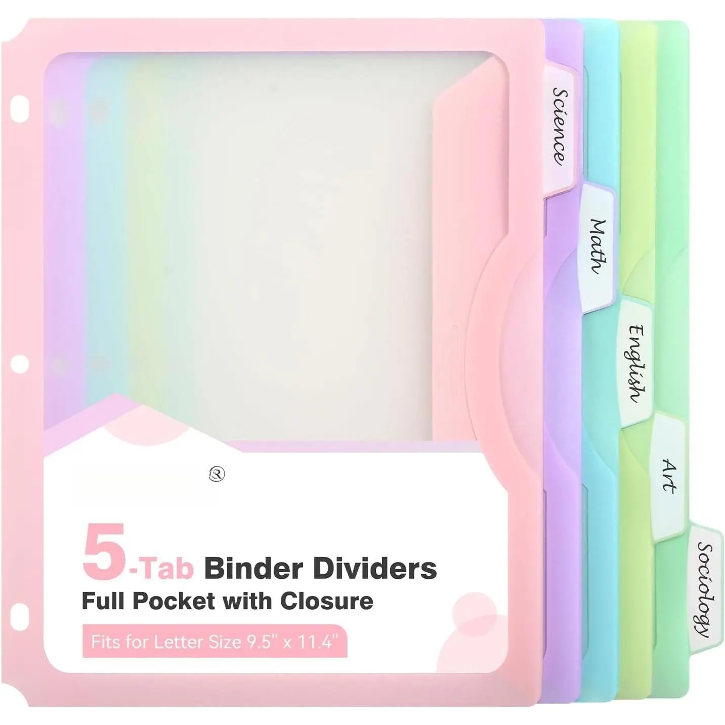 5-Tab Dividers with  Full Pocket, 5 Counts Binder Dividers, 8.5 x 11'' Dividers for 3 Ring Binder 1''/2'' Recipe Binder Dividers with 5 Tabs for  to School, Pastel Color (1)