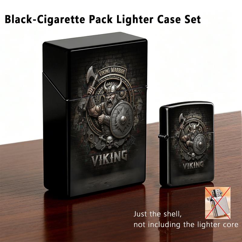 Viking Warrior Plastic Cigarette Case + Metal Lighter Shell Set, Norse Axe Shield Skull Design, Dark Aesthetic Smoke Accessory, Gift for Men