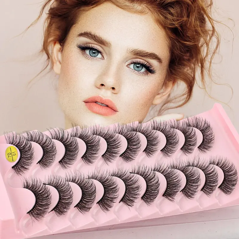 10 Pairs Natural Dense False Eyelashes, D Curl Fluffy Mixed Length, Reusable Band, Solid Form, 0.10mm Thickness, Allergen-Free