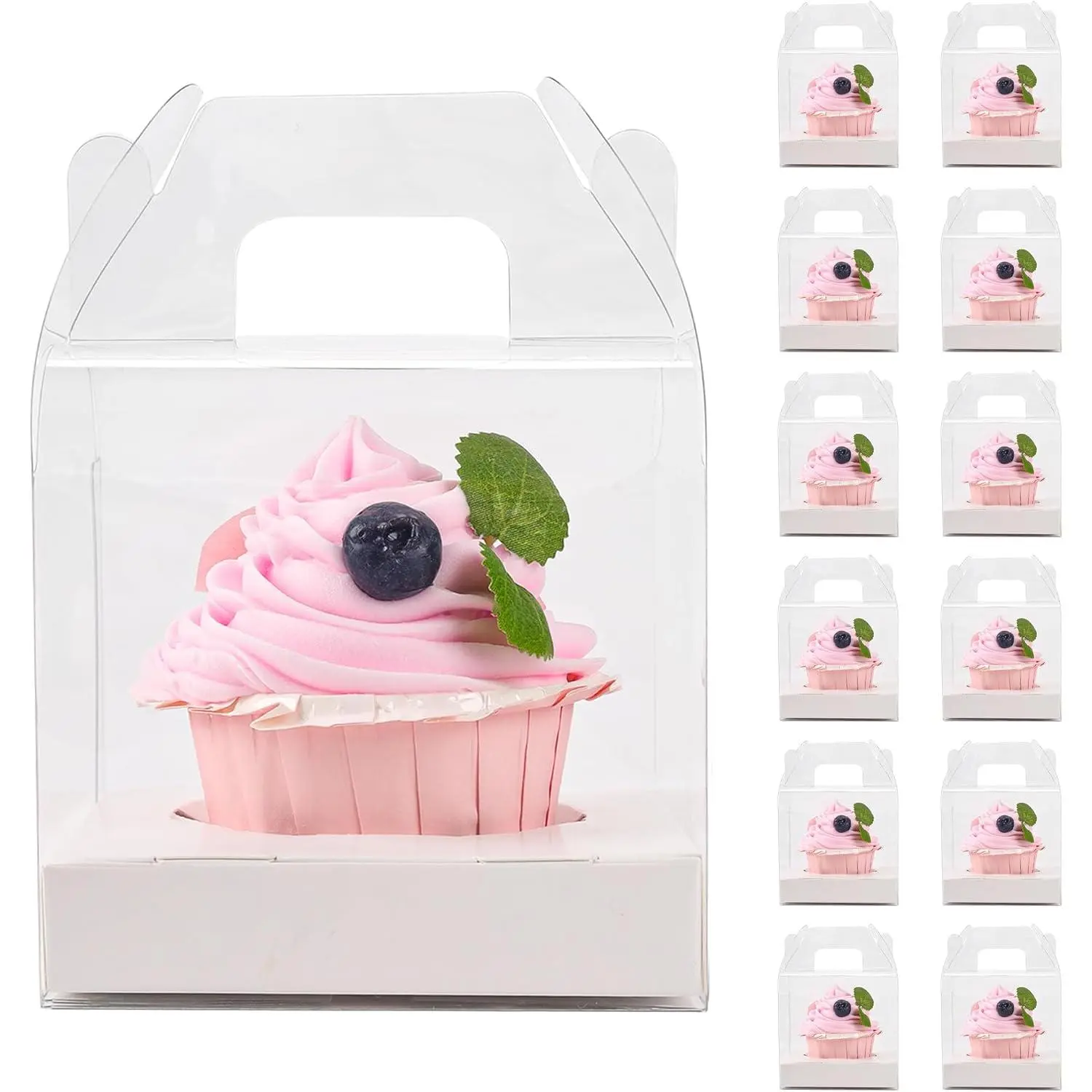 12 Pack Clear Plastic Individual Cupcake Containers with Handles | 12 Clear Single Cupcake Boxes with Handles, Inserts, and Stickers for  Bakers, Birthday Favors, and Small Gatherings