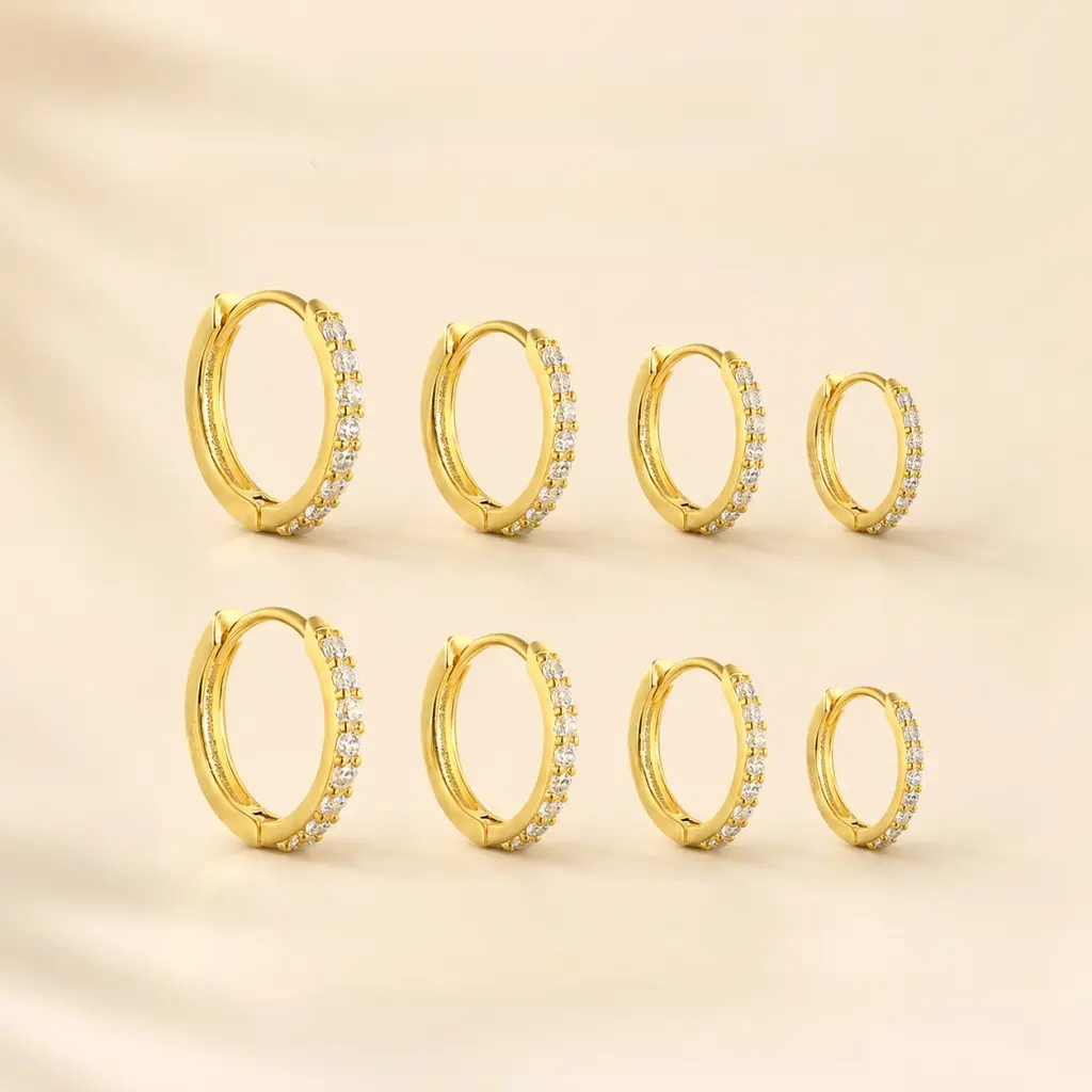 14K Gold Plated Cubic Zirconia Huggie Hoop Earrings Set, 4 Pairs Small Mini Diamond Cartilage Earring Hoops, Hypoallergenic Stackable Tiny Snap Click Hoop Earrings for Women, Multi Sizes 6/8/10/12mm Piercing Jewelry for Helix Lobe Daily Wear Gift