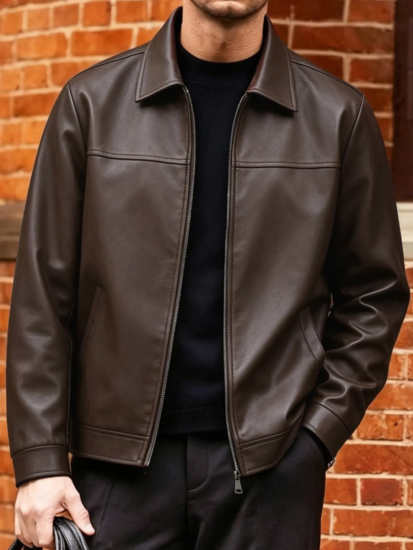 Men's Casual PU Leather Jacket Coats, Zip Closure, Lapel Collar, Long Sleeve, Slim Fit, Spring & Fall, Ideal for Daily Wear, Sports, Formal Occasions