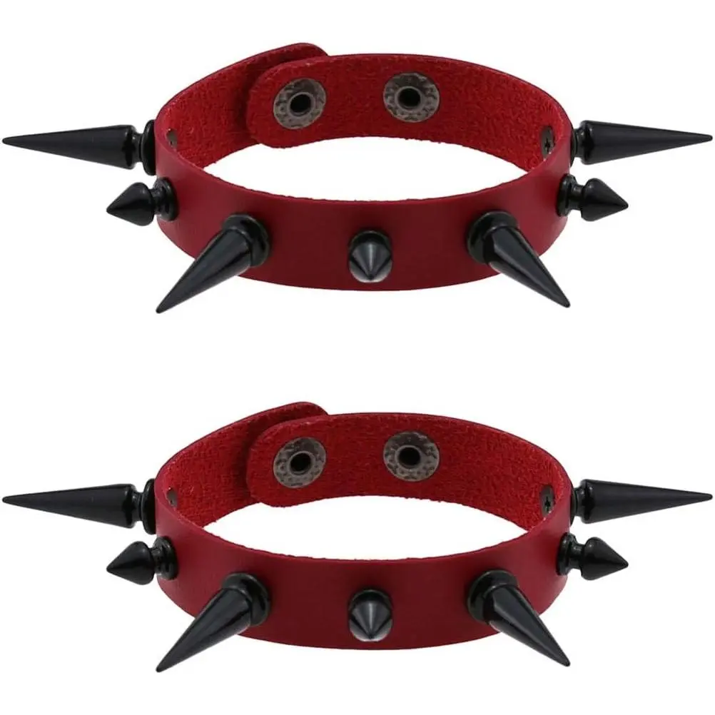 Women Multicolor PU Simulated Leather Black-Tone Long and Short Rivets Spike Spiked Punk Gothic Adjustable Bracelet, Pack of 2