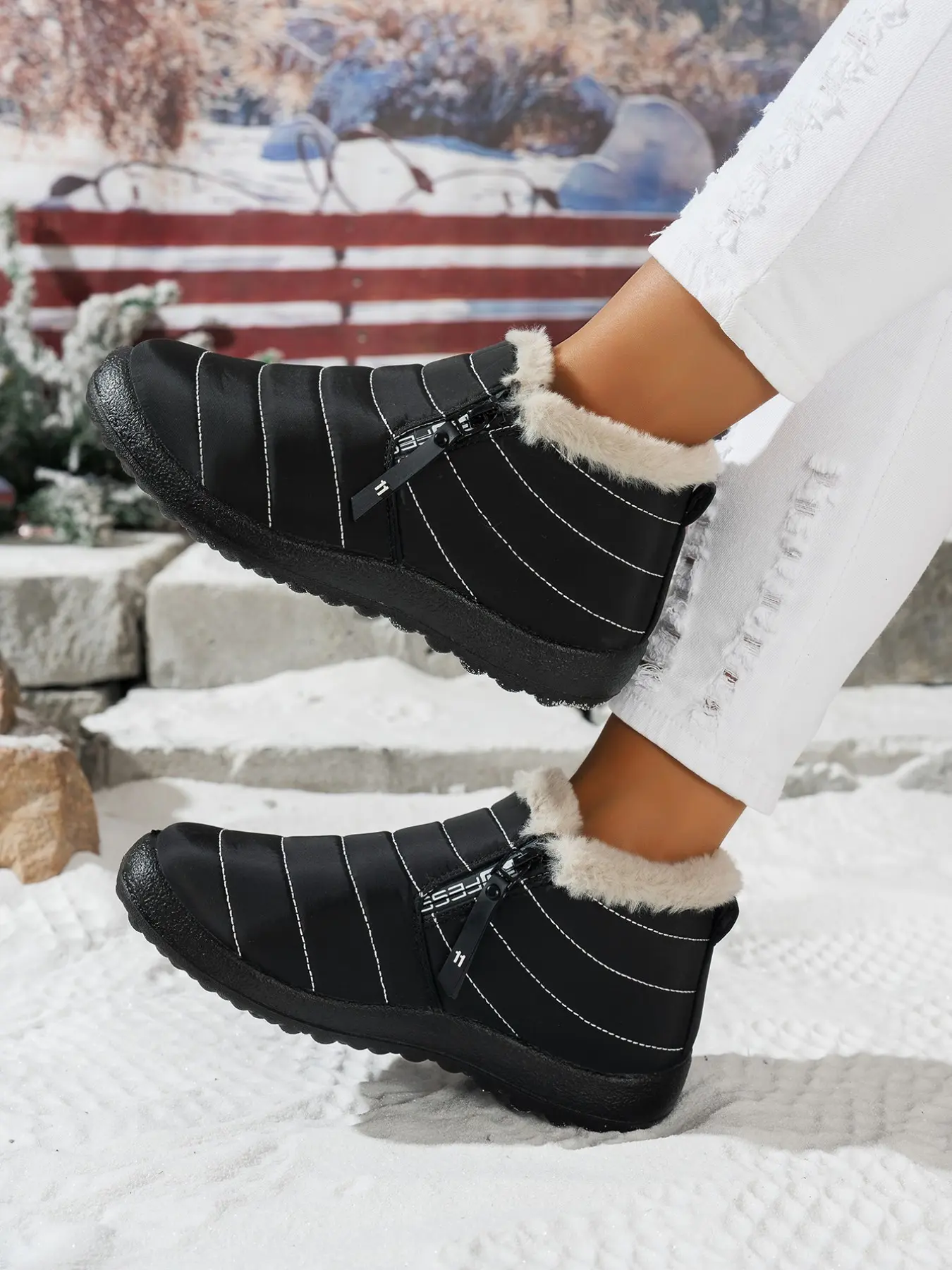 Women's Waterproof Fabric Snow Boots, Winter Warm Plaid Side Zipper Design, Casual Above-Ankle Short Tube Cotton Shoes