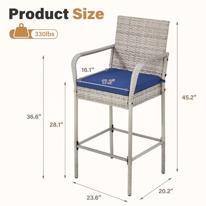 Set of 2 Outdoor Patio Wicker Bar Stools, PE Rattan Bar Chairs with Removable Cushions, Ergonomic Armrests and Backrest, All-Weather Bar Stools for Patio, Backyard, Poolside, Brown/Grey