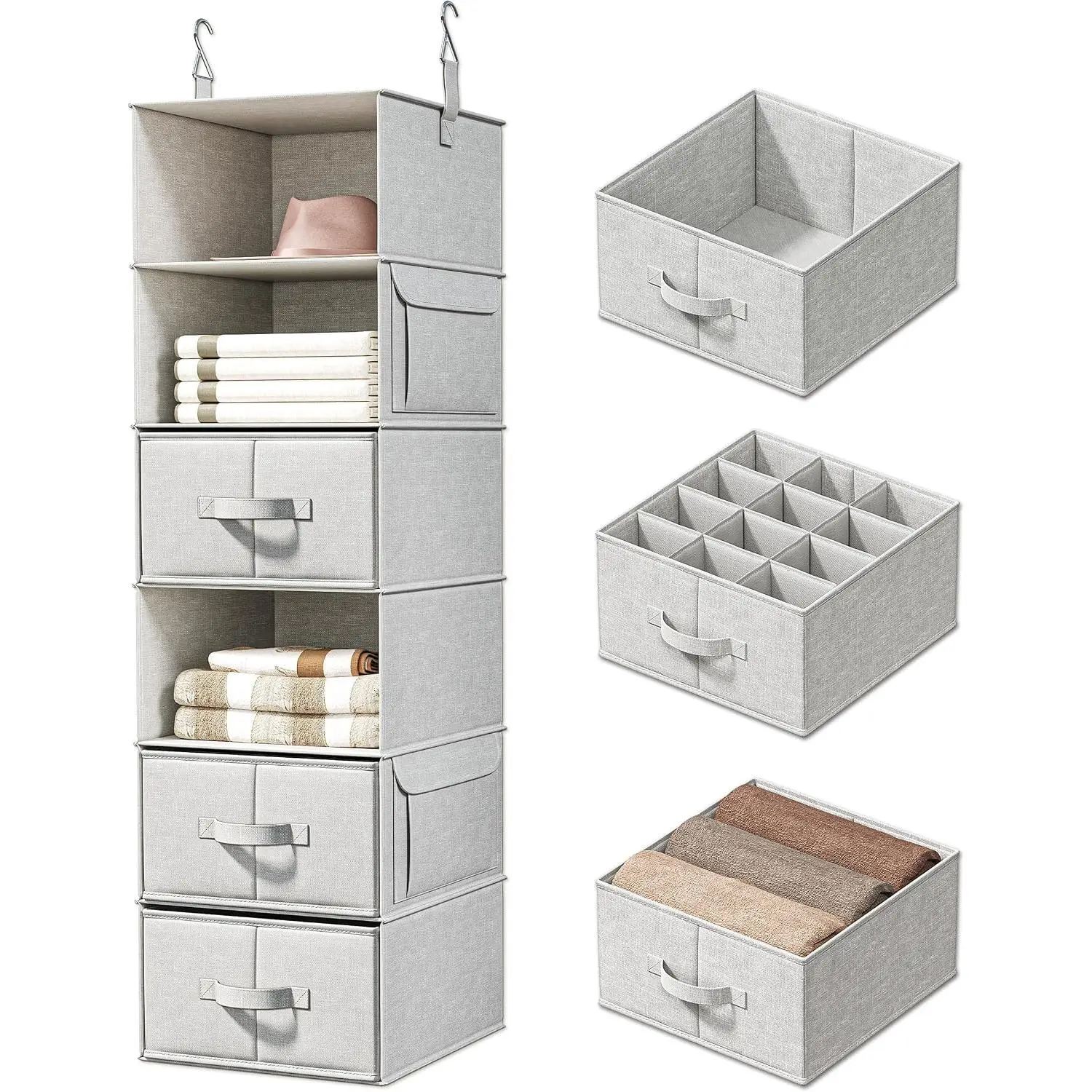 6-Shelf  Closet Organizer with 3 Fabric Drawers,  Gray | Removable Fabric Drawers, Side Pockets, Reinforced Structure, Space-Saving Storage for Clothes,  and Dorm Rooms