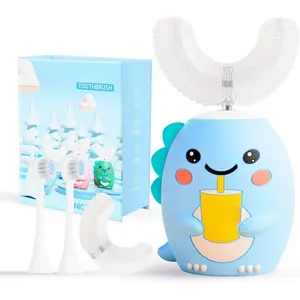 Kids U Shaped Electric Toothbrush with 4 Brush Heads, Sonic Toothbrush Kids with 5 Modes, Cartoon Dinosaur 360-Degree Cleaning IPX7 Waterproof Design (2-6 Age (Blue))