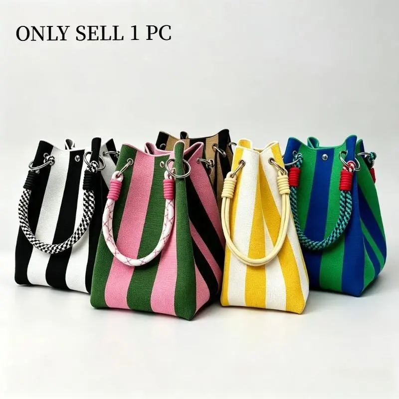 Striped Knit Bucket Handbag for Women - Casual Rope Handle Tote, Multi-Use for Work, Travel & Weekend
