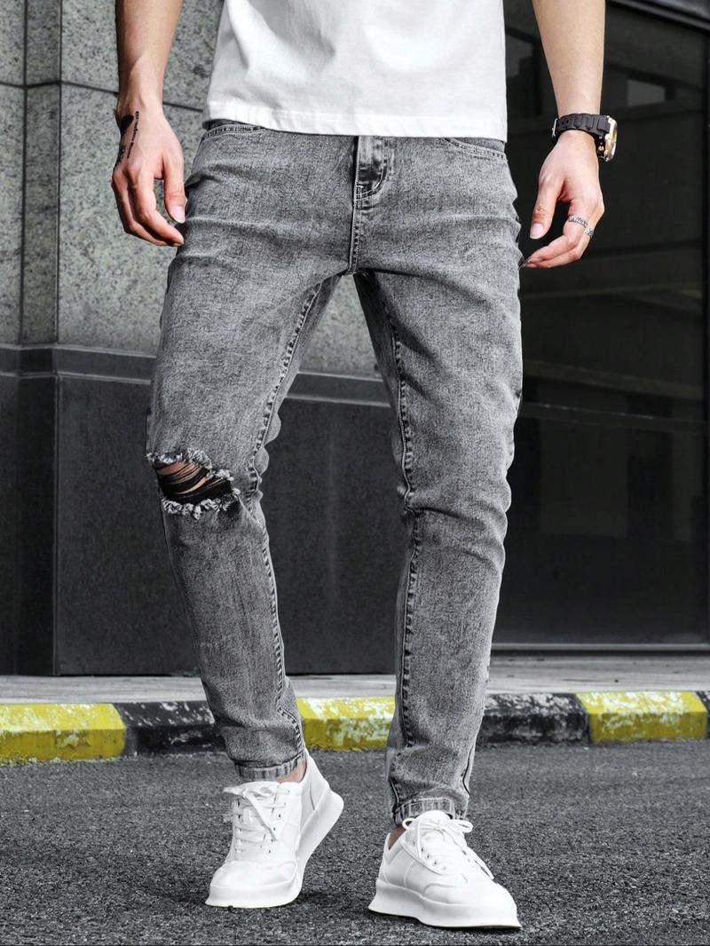 Men's Regular Fit Solid Color Ripped Skinny Jeans, Casual Comfy Denim Pants for Daily Wear, Fashion Men's Bottoms for All Seasons, Menswear, Streetwear, Denim Trouser