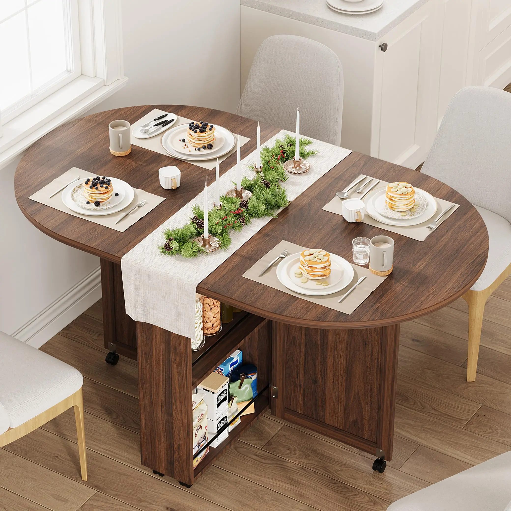 Multifunctional Dining Table,3-in-1 Folding Dining Table with Wine Rack and Storage Drawer, Drop Leaf Oval Kitchen Table with Lockable Casters for Small Spaces, Apartments, RVs