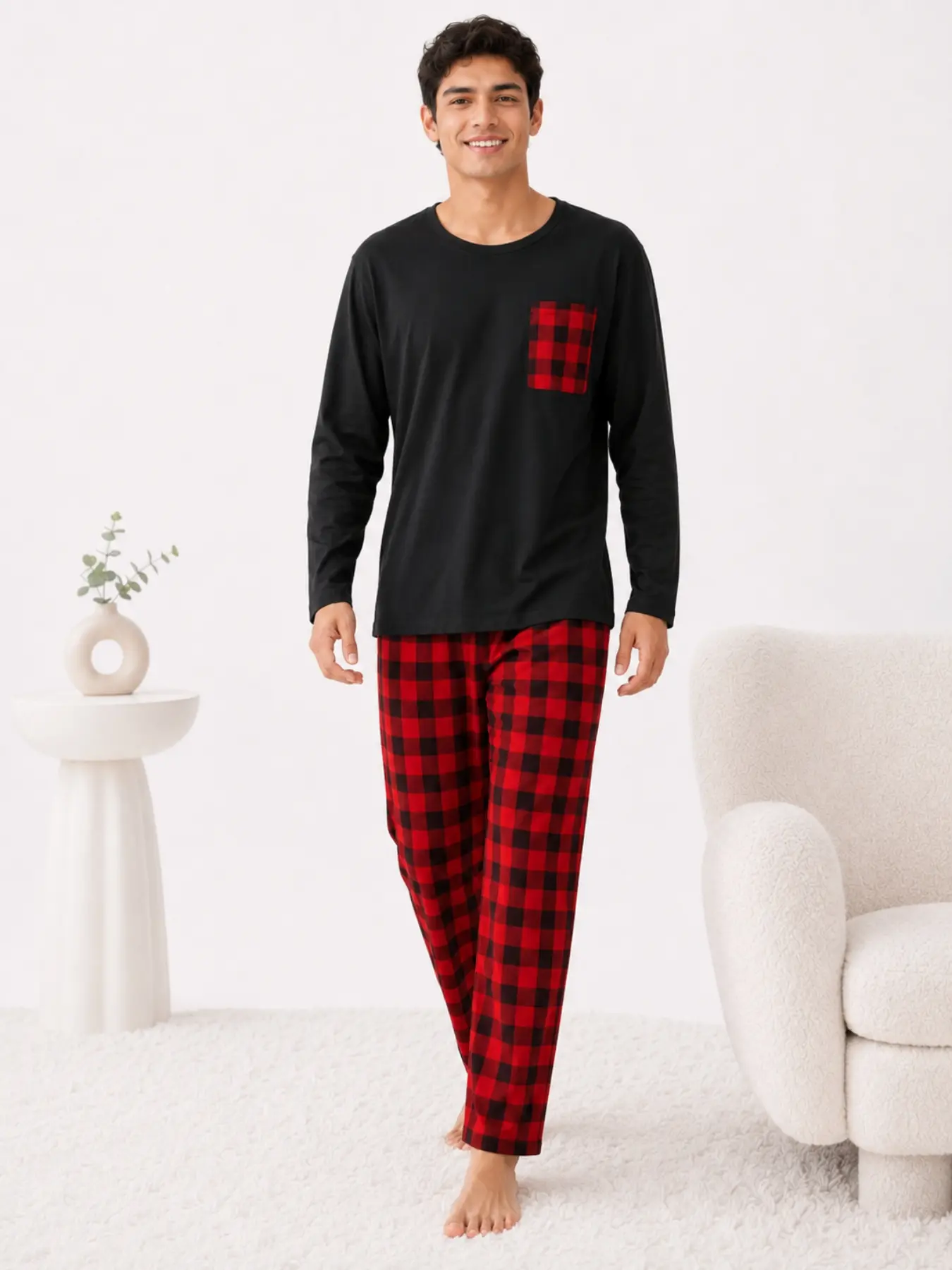 Men's Long Sleeve Gingham Checkered Pajama Set, Colorblock Round Neck Home Wear, Casual Two-Piece for All Seasons