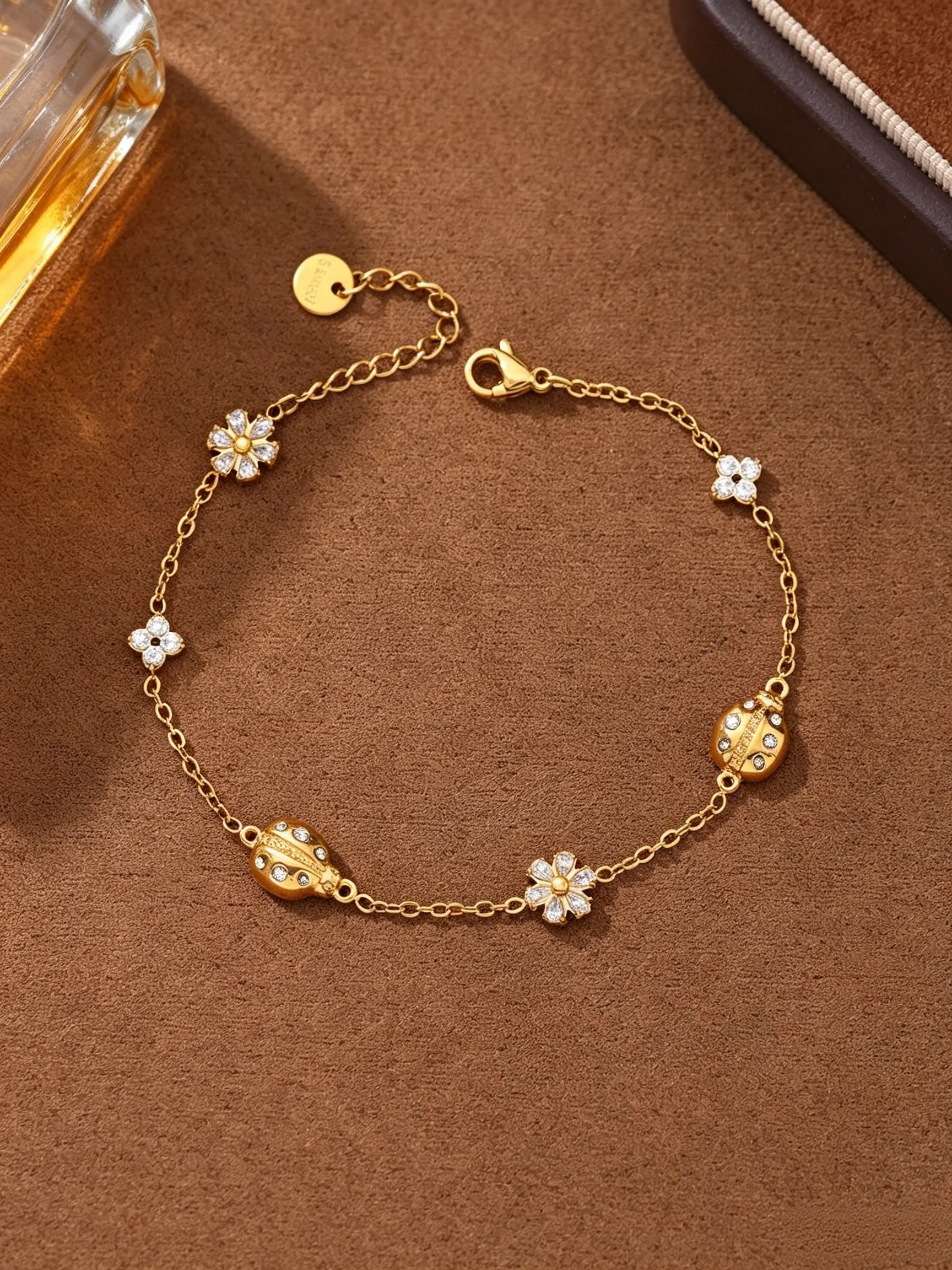 18K Golden Plated 304 Stainless Steel Bracelets for Women, Anti-Fade Star Moon Sun Ladybug Rhinestone Bangle, Elegant Dainty Daily Wear Jewelry, Black Friday Hot Item, Christmas Gift for Her