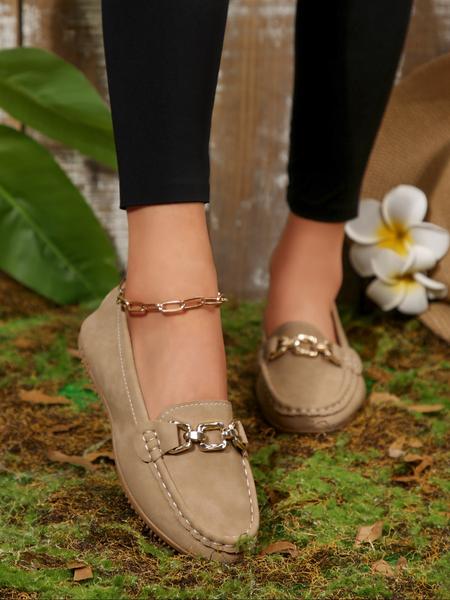 Women's Casual Round Toe Loafers, All-Season Slip-On Shoes, Comfortable Walking Flats, Metal Buckle Decor, Ideal for Work & Daily Wear