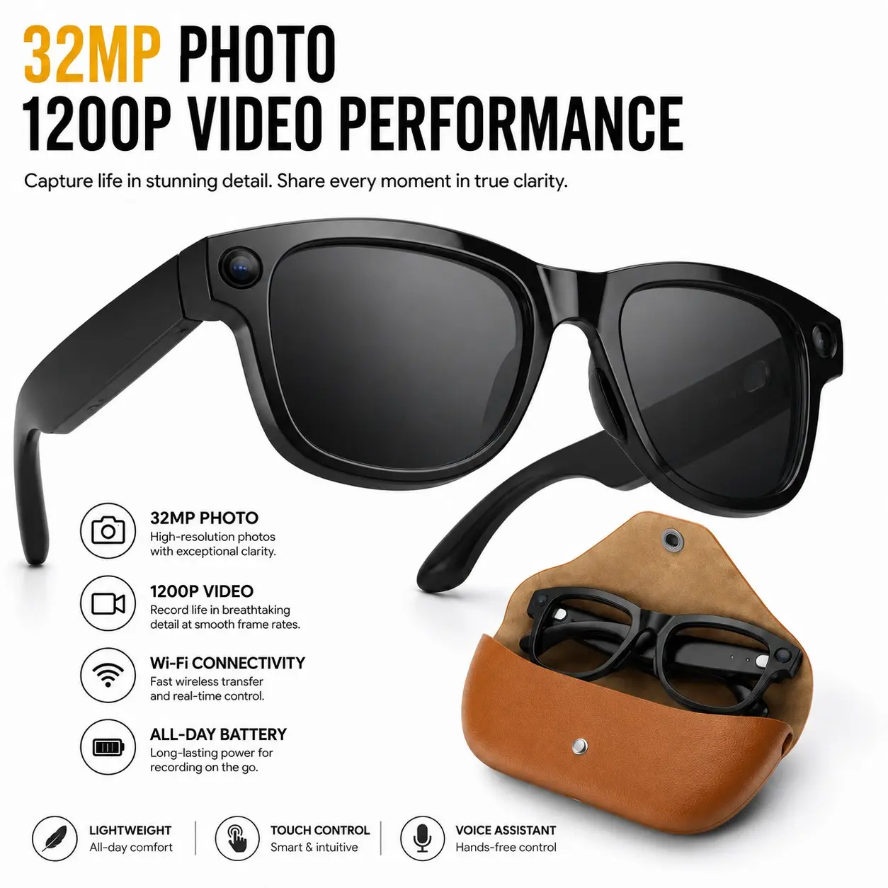 32MP Ultra Clear Photo Smart Sunglasses 2026 Multi-Scenario Smart Wearable Eyewear, 1200P EIS Stabilized HD Video Recorder Glasses, 0.8s Ultra Fast POV Capture, Qwen ChatGPT AI Voice Wake-Up Real-Time Translator Assistant, Bluetooth 3D Sound Touch Control