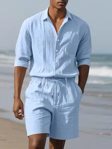 Fashion Men's Linen Shirt and Shorts Co Ord Set, Relaxed Fit Solid 2 Piece Outfit, Breathable All Match Streetwear For Holiday Lounging Casual Business Wear