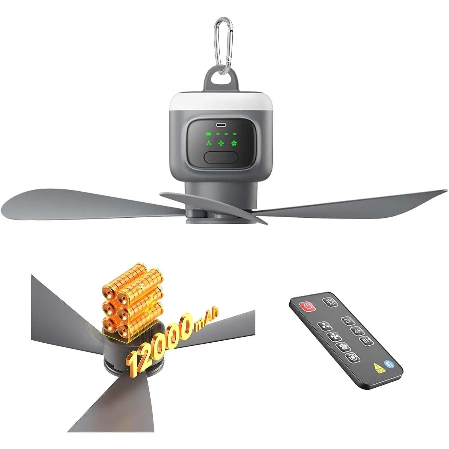 Portable Outdoor Ceiling Fan, 12000mAh Operation Battery with LED Lighting with Remote Control and Hook,Rechargeable Ceiling Fan Used for Tent/Canopy/RV/Porch