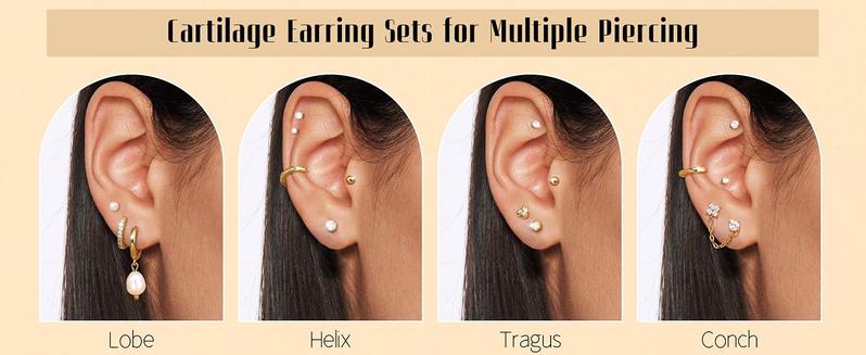 LOLIAS Flat Back Earrings for Women Hypoallergenic Surgical Steel Earrings for Sensitive Ears-20G Cartilage Earring Stacks Gold Hoops Flatback Stud Earring Sets for Multiple Piercing