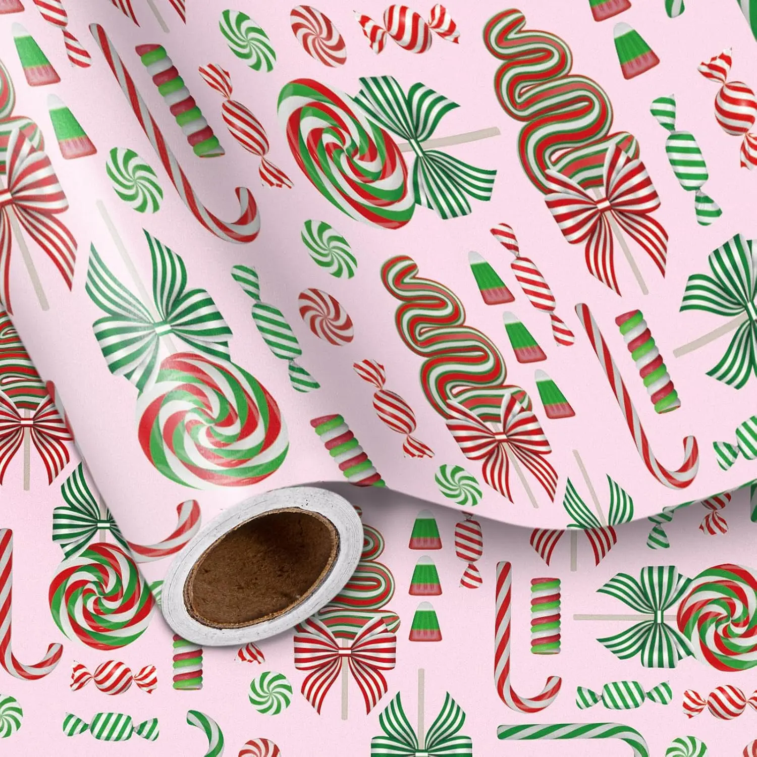 Candy Theme Coated Paper Christmas Wrapping Roll for Girls - Sweet Candy Canes, Peppermints, Lollipops Design, 17in x 16.4Ft Mini Roll for Xmas Presents, Wraps Gifts with Holiday Vibes, 17 Inches, 17In X 16.4 Ft - Sweet Candy