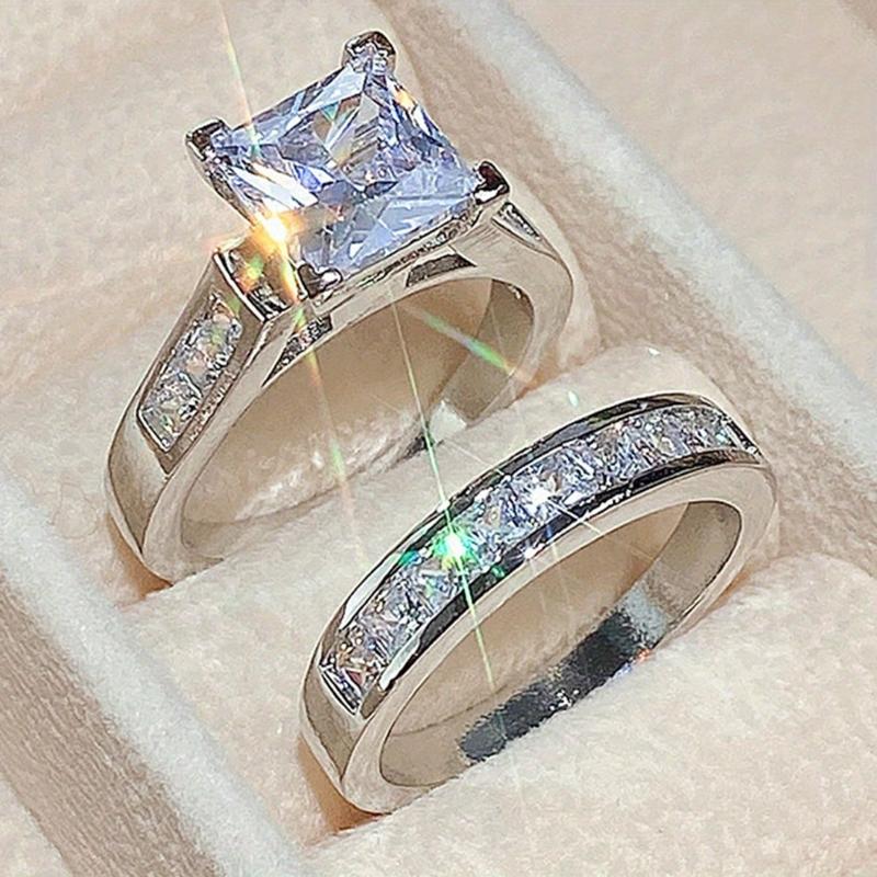 Fashion Sparkling Cubic Zirconia 2-Piece Ring Set for Women - Wedding & Engagement Jewelry, Romantic Couple Rings, Valentine's Day/Anniversary Gift, Party & Bridal Accessory