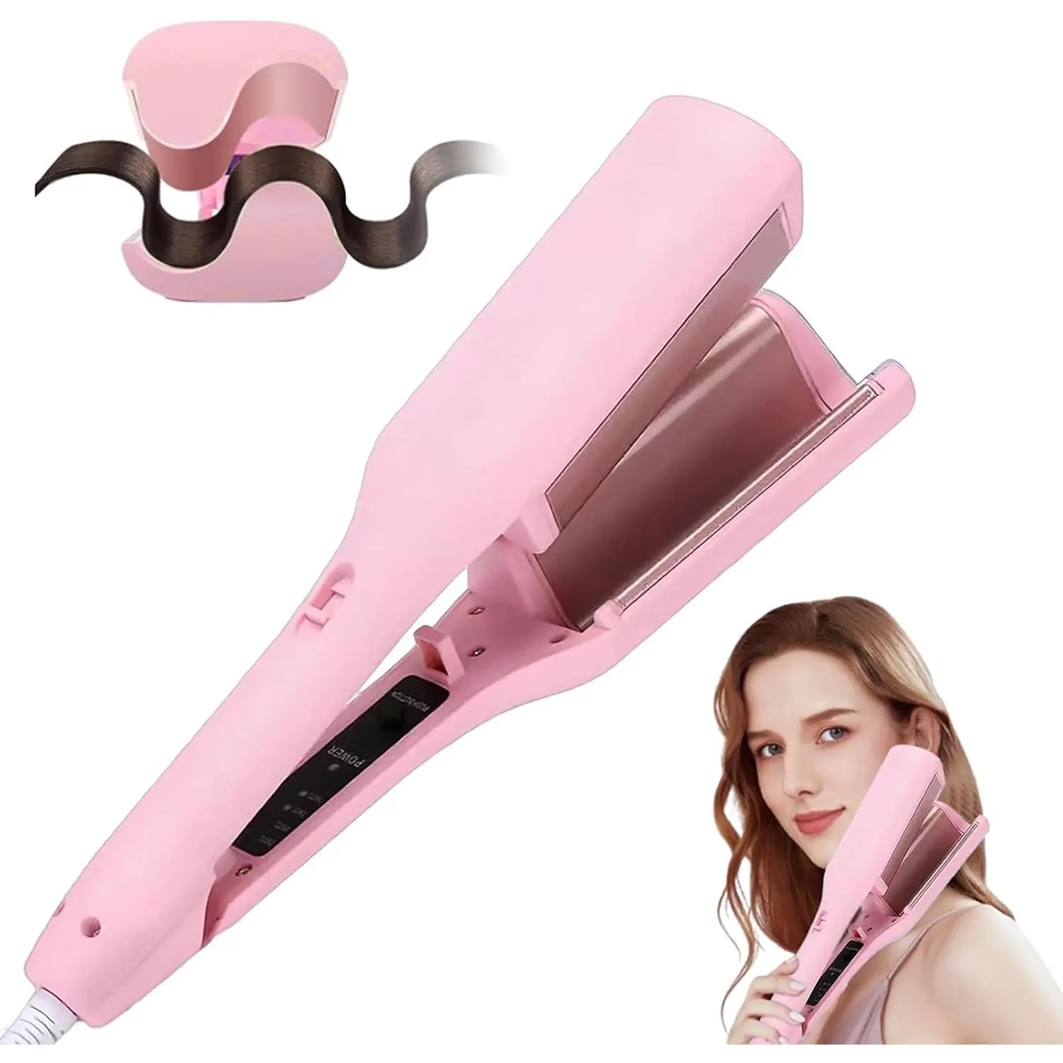 Party Supplies Waver Curling Iron Hair Crimper, 1.25 Inch Ionic Wavy Hair Curler with Ceramic 2 Barrel, 4 Adjustable Temps, Anti-Scald, Fast Heating Crimper Hair Iron for Wide Deep Waves (Pink)
